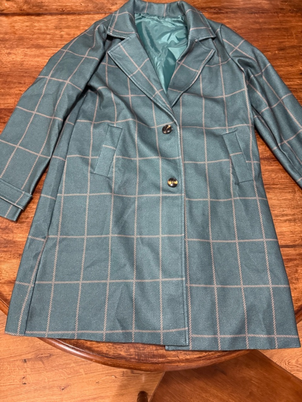 Women's Teal Windowpane Wool-Blend Coat